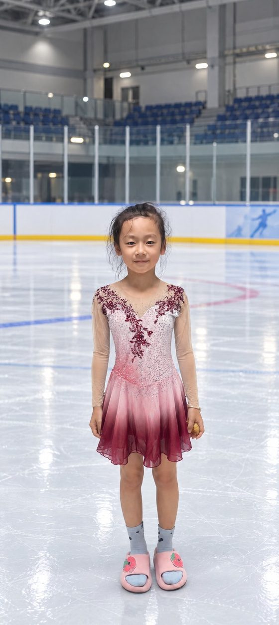 The same girl wearing the pink crystal skating dress in an ice rink — the AI try-on preview result