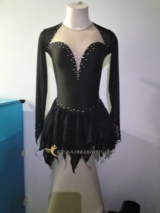 adult black custom figure skating dress long sleeves ice skating dresses A50