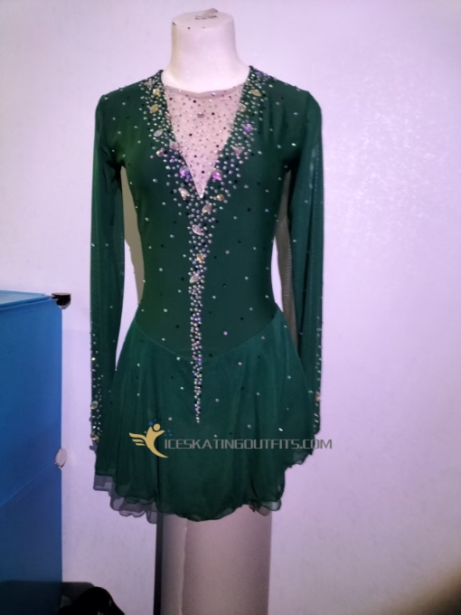 beaded ice skating clothing green blue long sleeves figure skating clothes express delivery A43