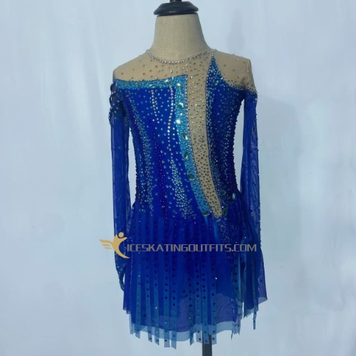 beaded ladies ice skating outfits fast ship custom blue long sleeves dress for ice skating A109