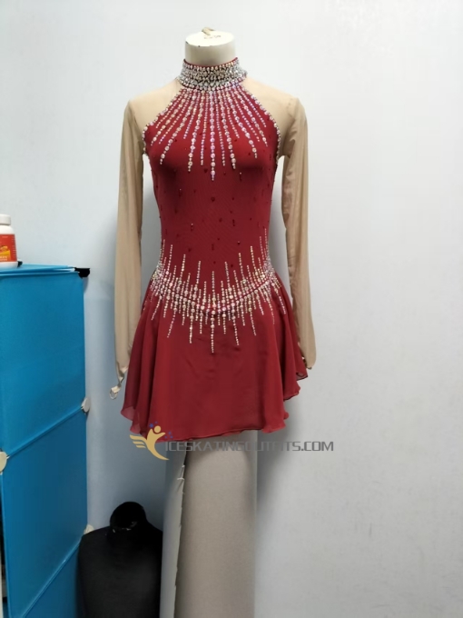 clothing for figure skating figure skating outfits for adult long sleeves beaded wine red A39