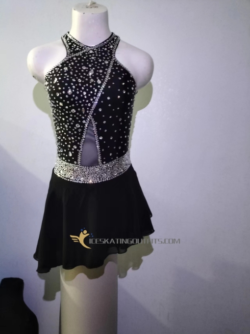 custom black ice skating dress girls competition ice dress beaded A16