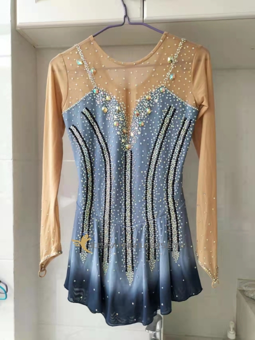 custom grey ice skating dresses for girls beaded A04