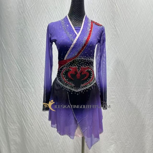 custom purple long sleeves express delivery beaded figure skating wear for competition A112
