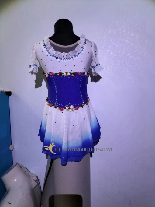 custom short sleeves ice skating wear flowers white blue figure skating dresses A75