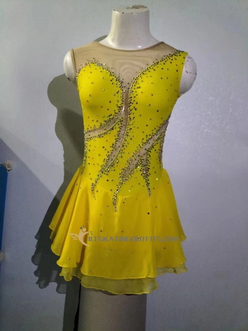 custom yellow ice skating outfits for women long sleeves beaded A11