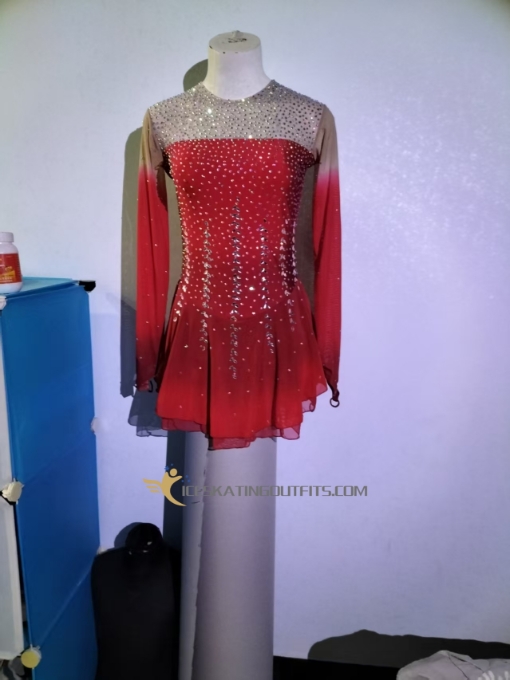 dark red clothes for ice skating dress for figure skating long sleeves beaded custom A38