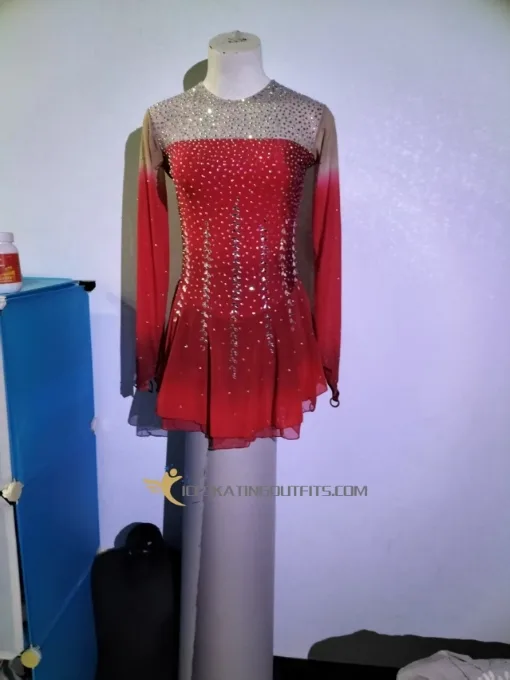 dark red clothes for ice skating dress for figure skating long sleeves beaded custom A38