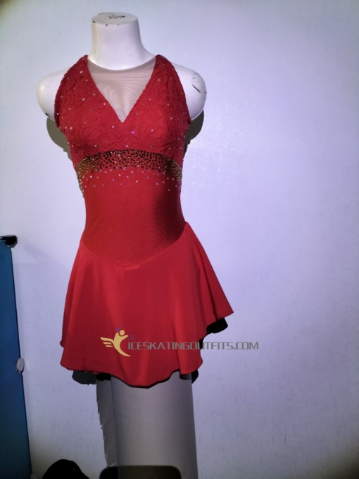 dark red fast ship figure skating dress sleeveless custom adult beaded A44
