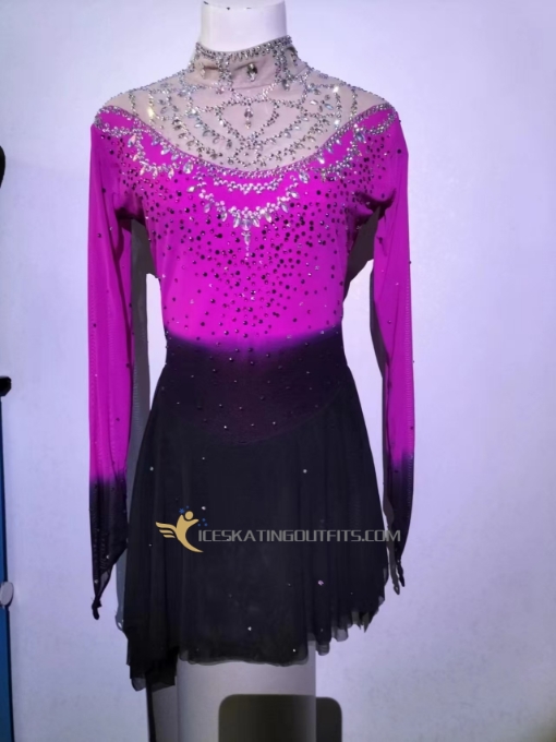 dresses for ice purple blue long sleeves beaded figure skating apparel A70