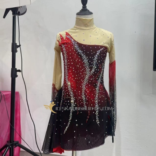 express delivery red black long sleeves ice skating dresses for kids A94