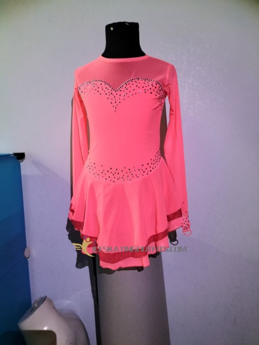 figure skating clothes for competition long sleeves beaded adult pink A45