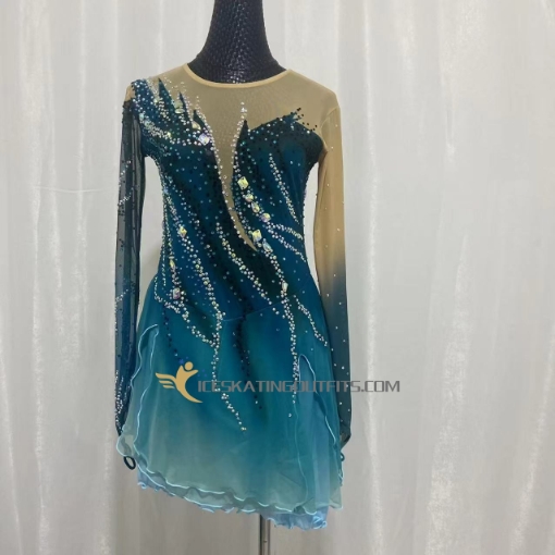 figure skating dress dresses for ice blue long sleeves beaded custom express delivery A80