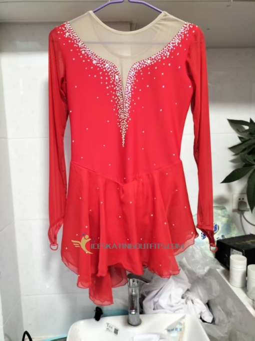 figure skating dress long sleeves clothing for figure skating dark red A49
