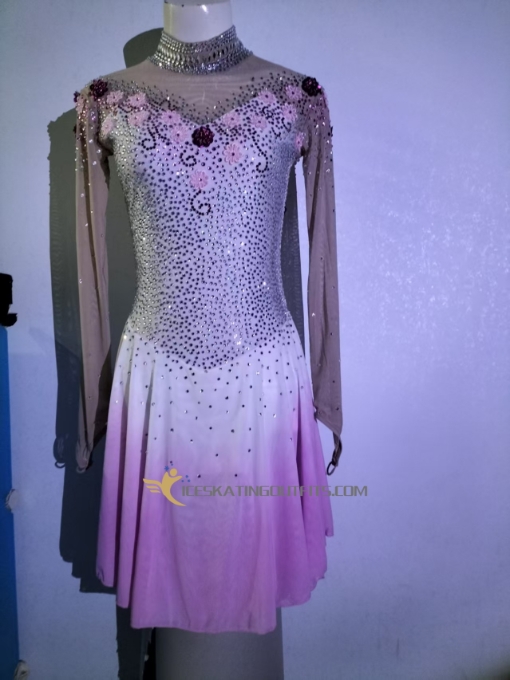 flowers fast ship custom white purple children ice skating dress for competition long sleeves A66