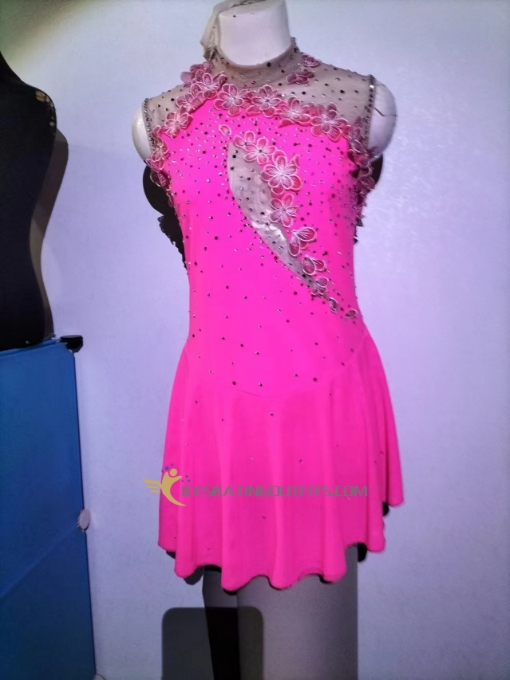 flowers pink custom figure skating dress beaded sleeveless A83