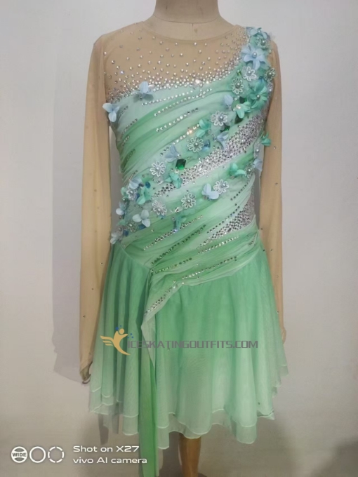 flowers wrinkle green beaded figure skating clothing for competition long sleeves kids A103