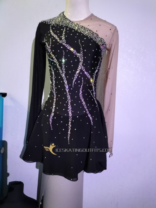 girls beaded custom long sleeves figure skating dress black A63