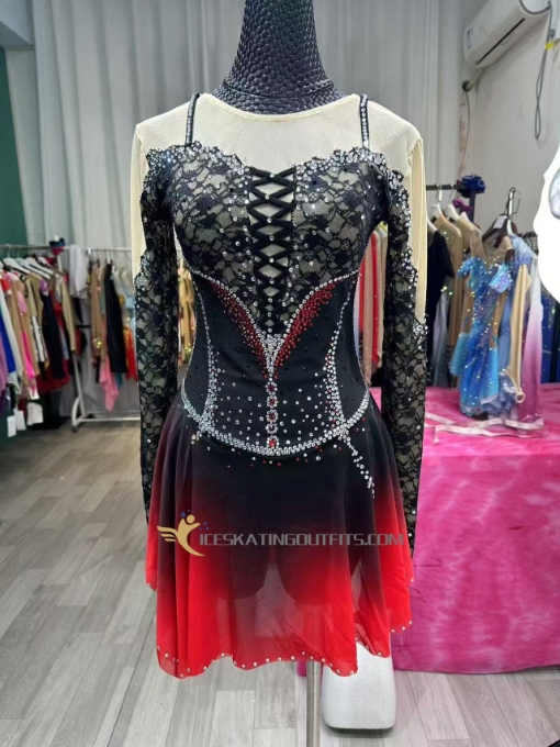 girls red assents custom black ice dress long sleeves dresses for ice A108