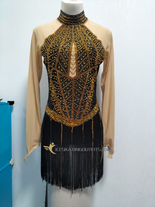 golden figure skating dress tassel skirt A24