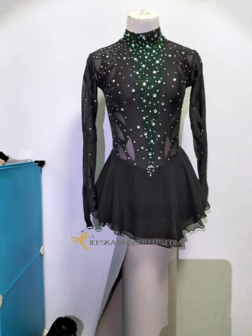 green accents beaded ice skating clothes ice skating dress for women black long sleeves A76