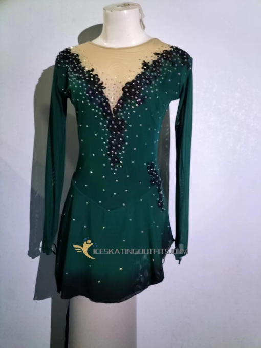 green black ice skating dress girls flowers beaded A17