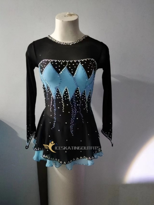 ice skating outfits for competition dresses for figure beaded long sleeves custom girls black blue A86