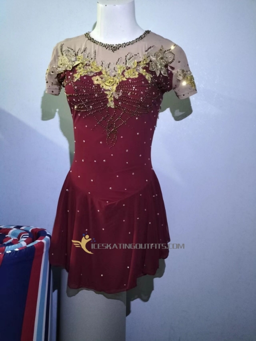 ice skating outfits red for girls flowers beaded A21