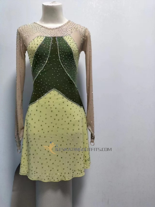 ladies figure skating dress custom dress for ice skating long sleeves yellow green fast ship A87
