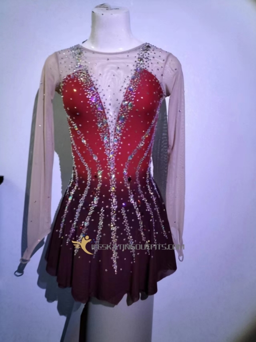 long sleeves custom figure skating clothes for women beaded figure skating apparel red A71