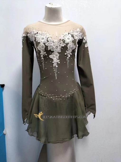 long sleeves figure skating outfits green flowers beaded fast ship custom A73