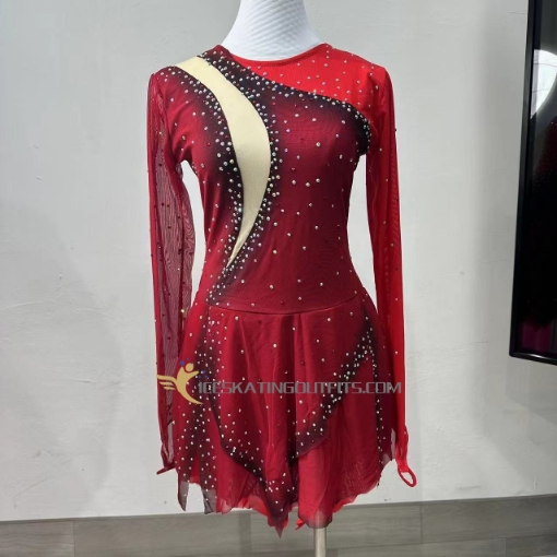 long sleeves ice skating clothes for competition custom beaded ice skating clothes black accents red A101
