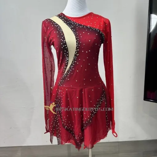 long sleeves ice skating clothes for competition custom beaded ice skating clothes black accents red A101
