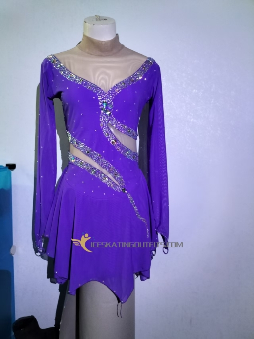 long sleeves ice skating dresses for competition custom ice skating wear adult beaded purple A62