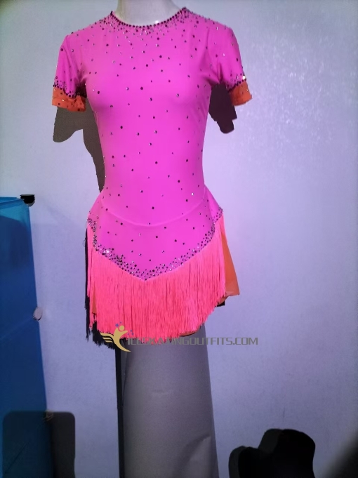 short sleeves pink tassels beaded clothes for figure skating A107