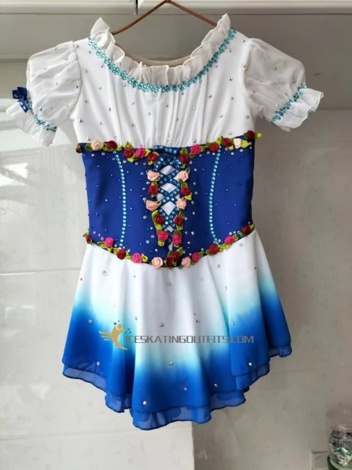short sleeves white blue figure skating apparel custom ice skating clothes A69