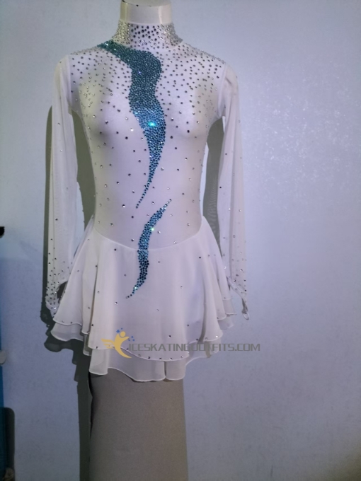 white blue beaded long sleeves ice skating dress clothing for figure skating custom A59