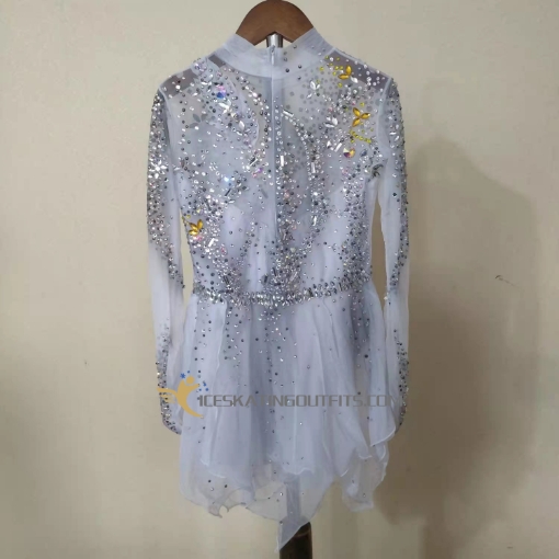 white grey ice skating dress for competition beaded A14