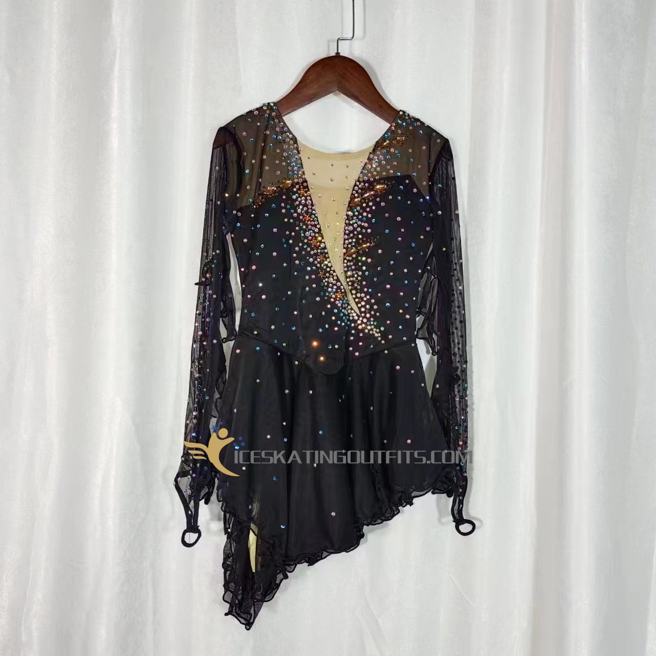 women dark black figure skating dress B302
